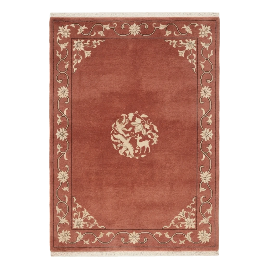 Brick Red Hand-Knotted Rug with Ivory Floral Vine Border and Roundel