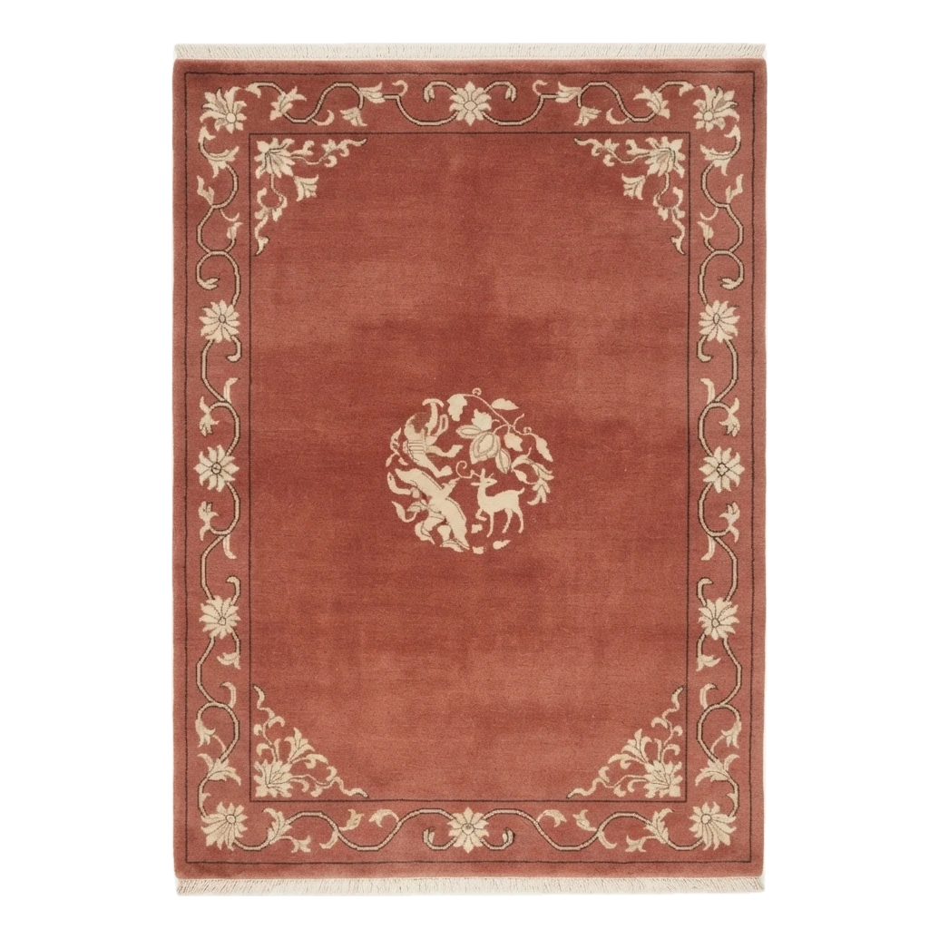 Brick Red Hand-Knotted Rug with Ivory Floral Vine Border and Roundel
