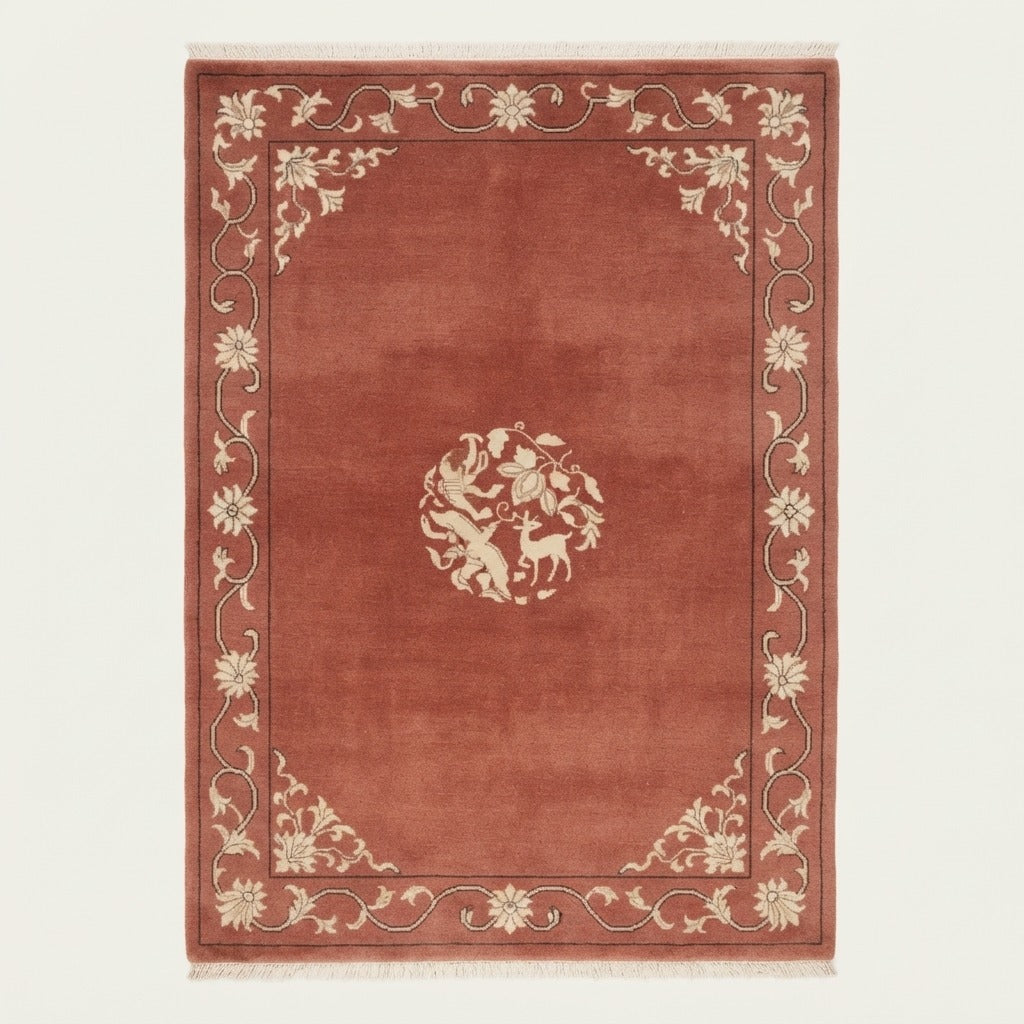 Brick Red Hand-Knotted Rug with Ivory Floral Vine Border and Roundel - studio photo