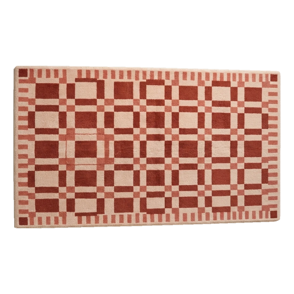 Brick Red and Blush Plaid Check Hand-Tufted Runner with Striped Border - alternate view