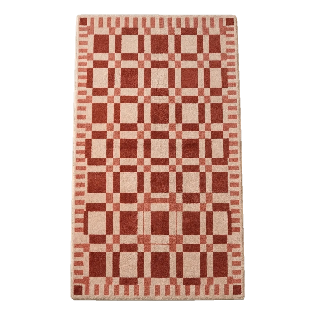 Brick Red and Blush Plaid Check Hand-Tufted Runner with Striped Border