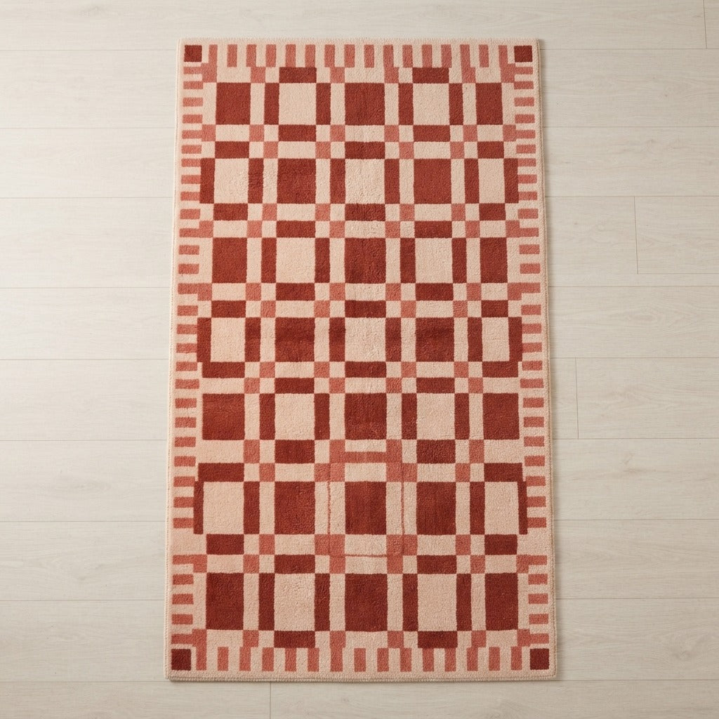 Brick Red and Blush Plaid Check Hand-Tufted Runner with Striped Border - studio photo