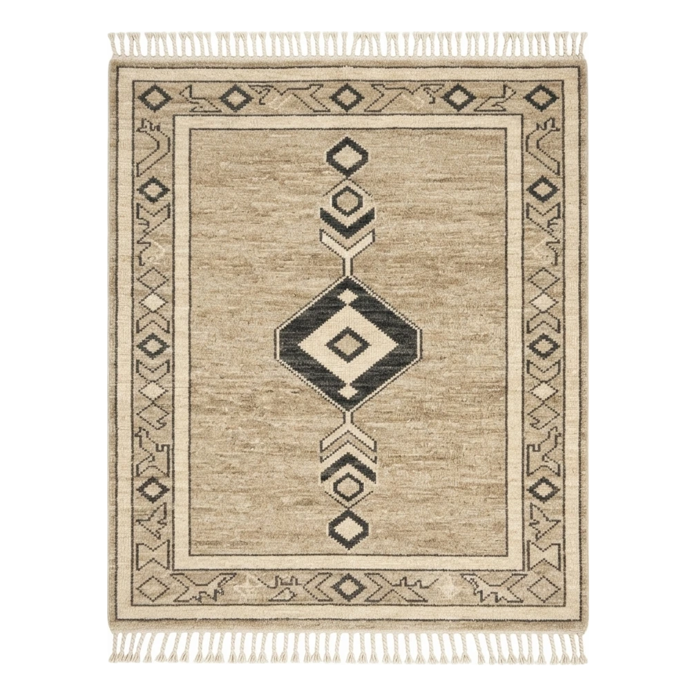 Camel Hand-Knotted Rug with Charcoal Tribal Diamond Medallion