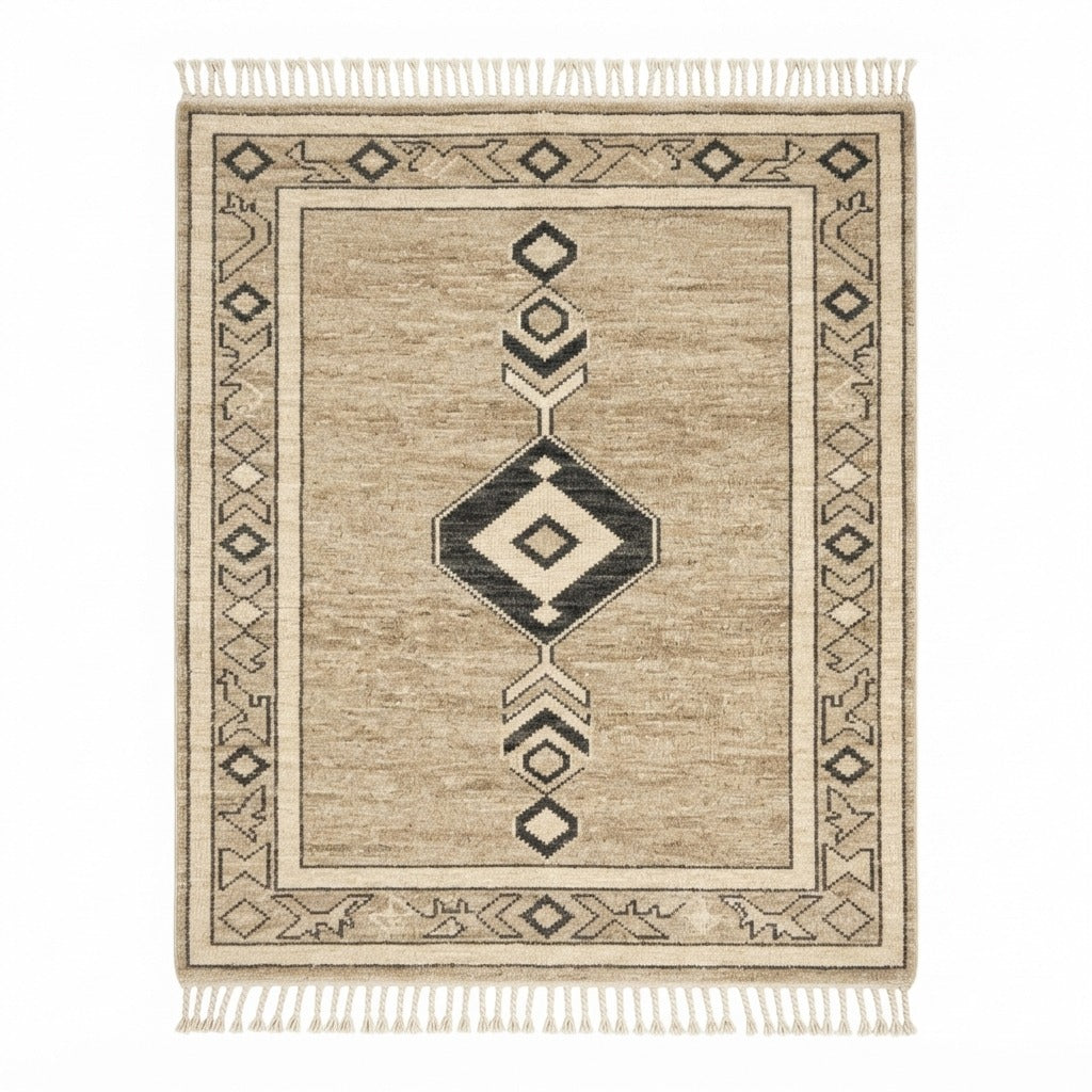 Camel Hand-Knotted Rug with Charcoal Tribal Diamond Medallion - studio photo