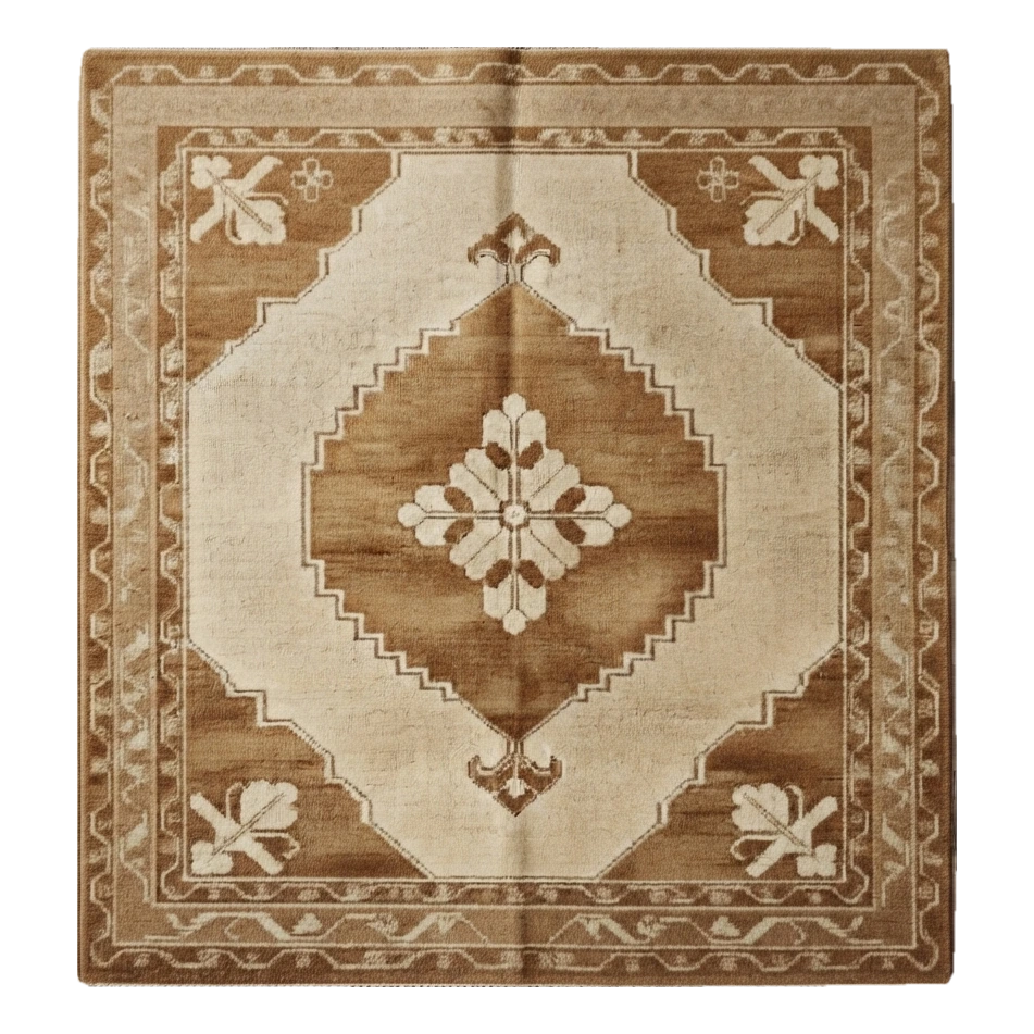 Camel and Cream Diamond Medallion Hand-Knotted Rug