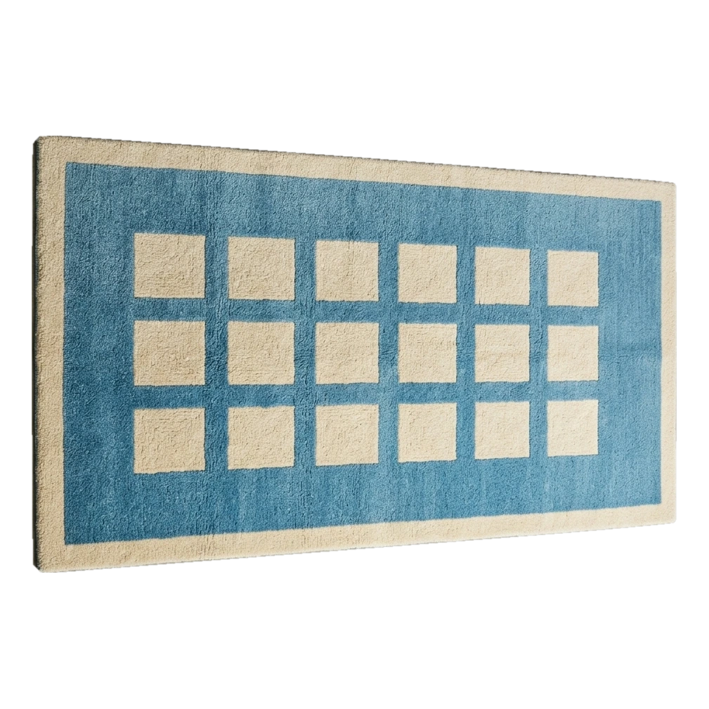 Cerulean Blue Hand-Tufted Rug with Cream Block Grid - alternate view