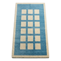 Cerulean Blue Hand-Tufted Rug with Cream Block Grid