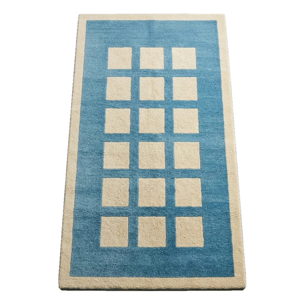 Cerulean Blue Hand-Tufted Rug with Cream Block Grid