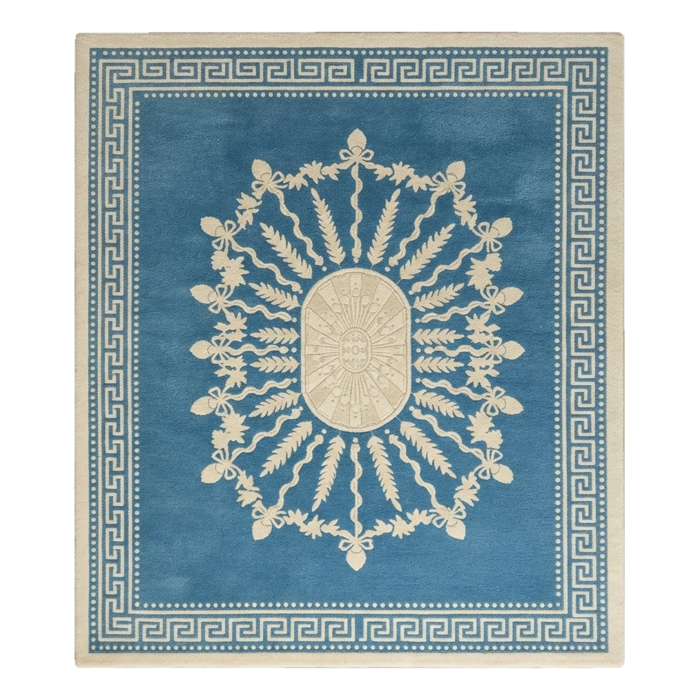 Cerulean Blue Sunburst Medallion Hand-Tufted Rug with Ivory Greek Key Border - alternate view