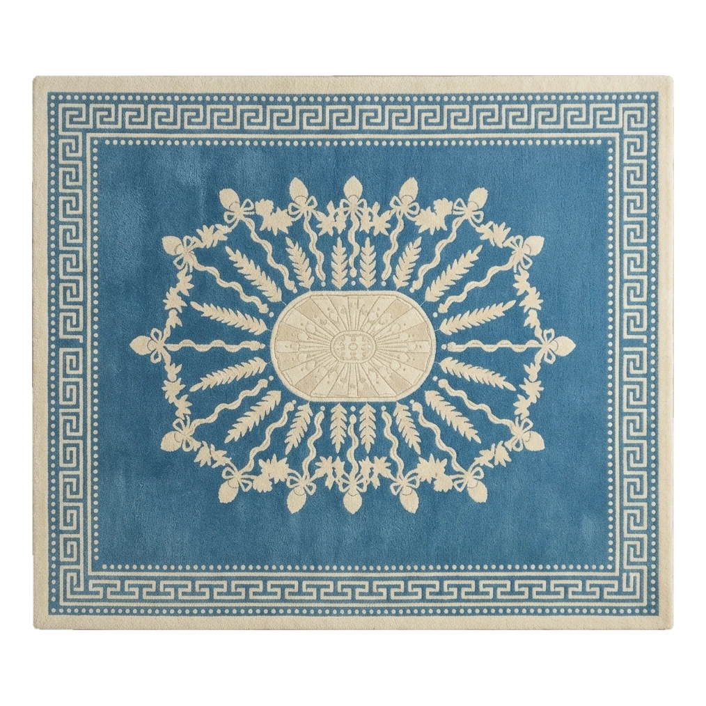 Cerulean Blue Sunburst Medallion Hand-Tufted Rug with Ivory Greek Key Border