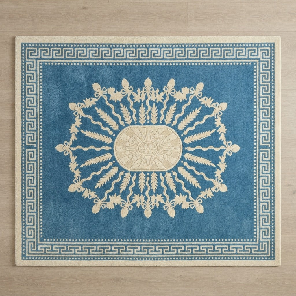 Cerulean Blue Sunburst Medallion Hand-Tufted Rug with Ivory Greek Key Border - studio photo