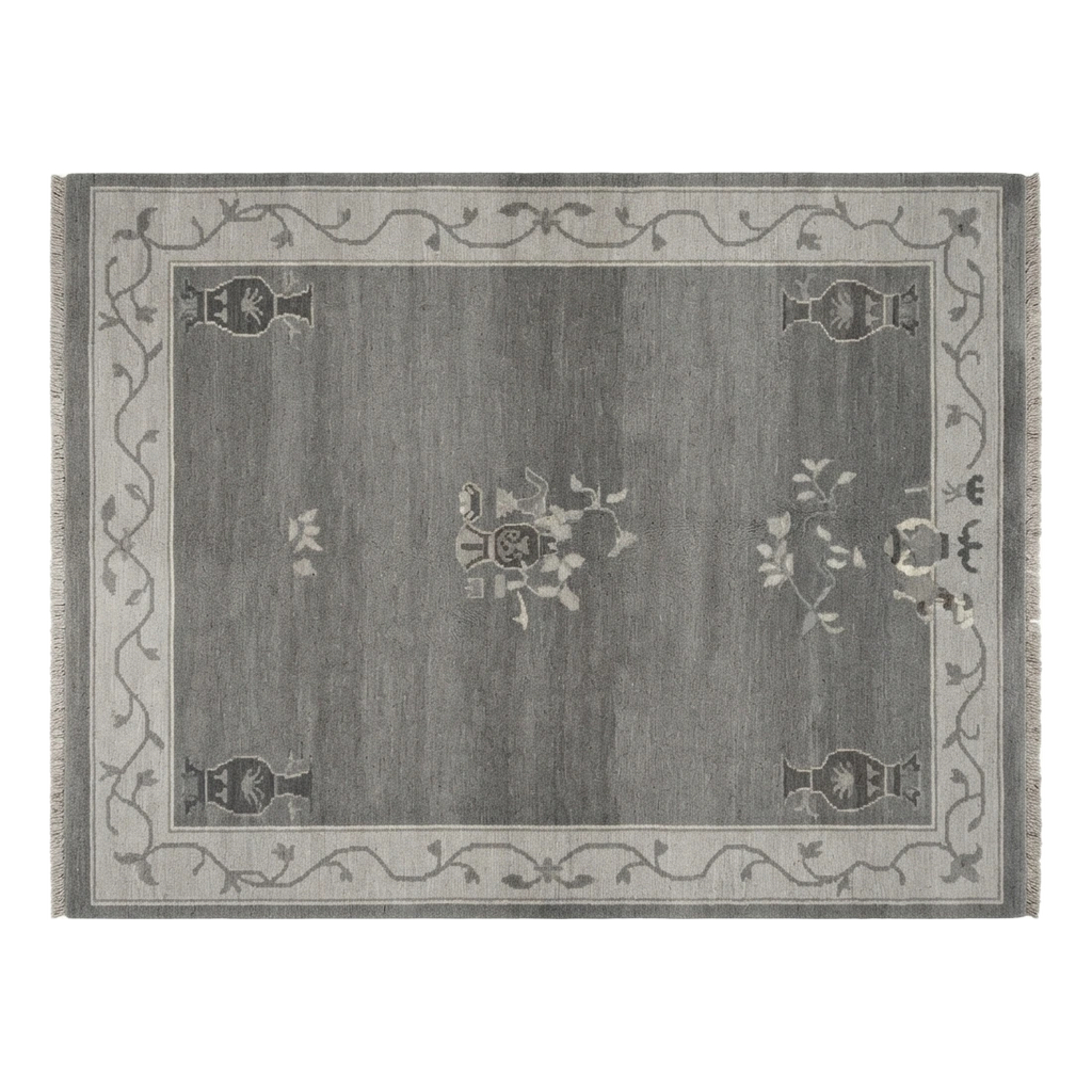 Charcoal Chinese Art Deco Hand-Knotted Rug with Grey Vine Border - alternate view