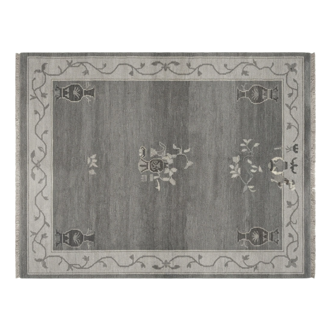 Charcoal Chinese Art Deco Hand-Knotted Rug with Grey Vine Border - alternate view