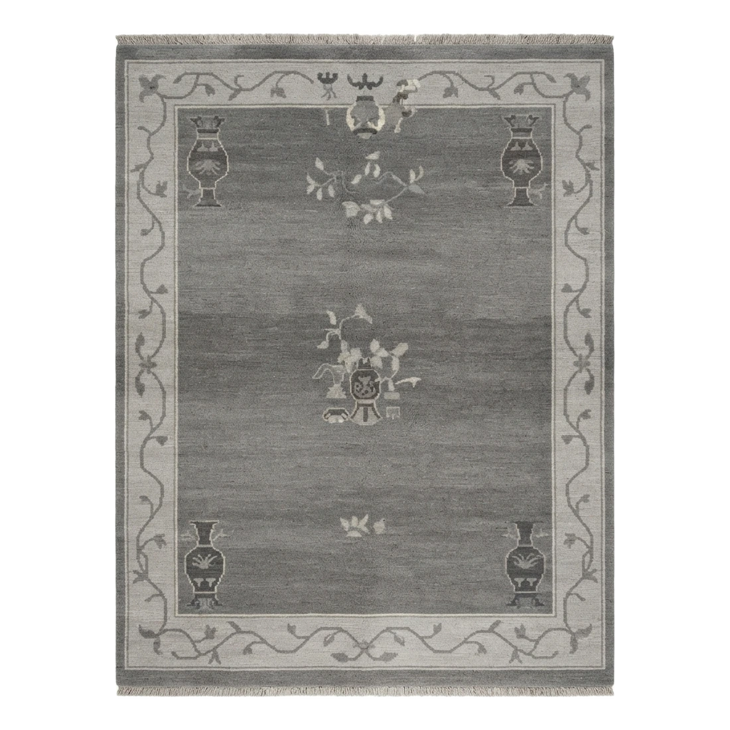 Charcoal Chinese Art Deco Hand-Knotted Rug with Grey Vine Border