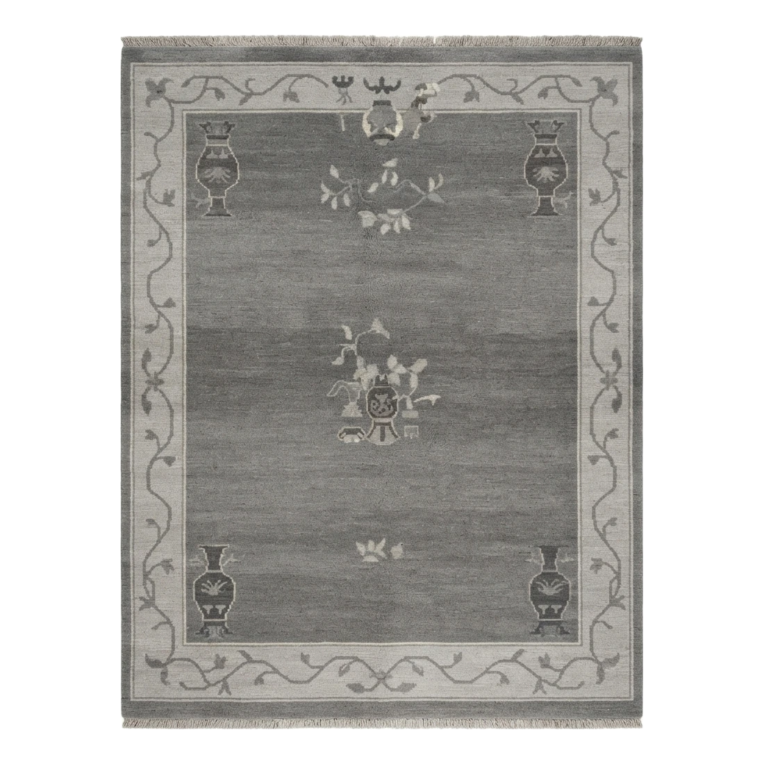 Charcoal Chinese Art Deco Hand-Knotted Rug with Grey Vine Border