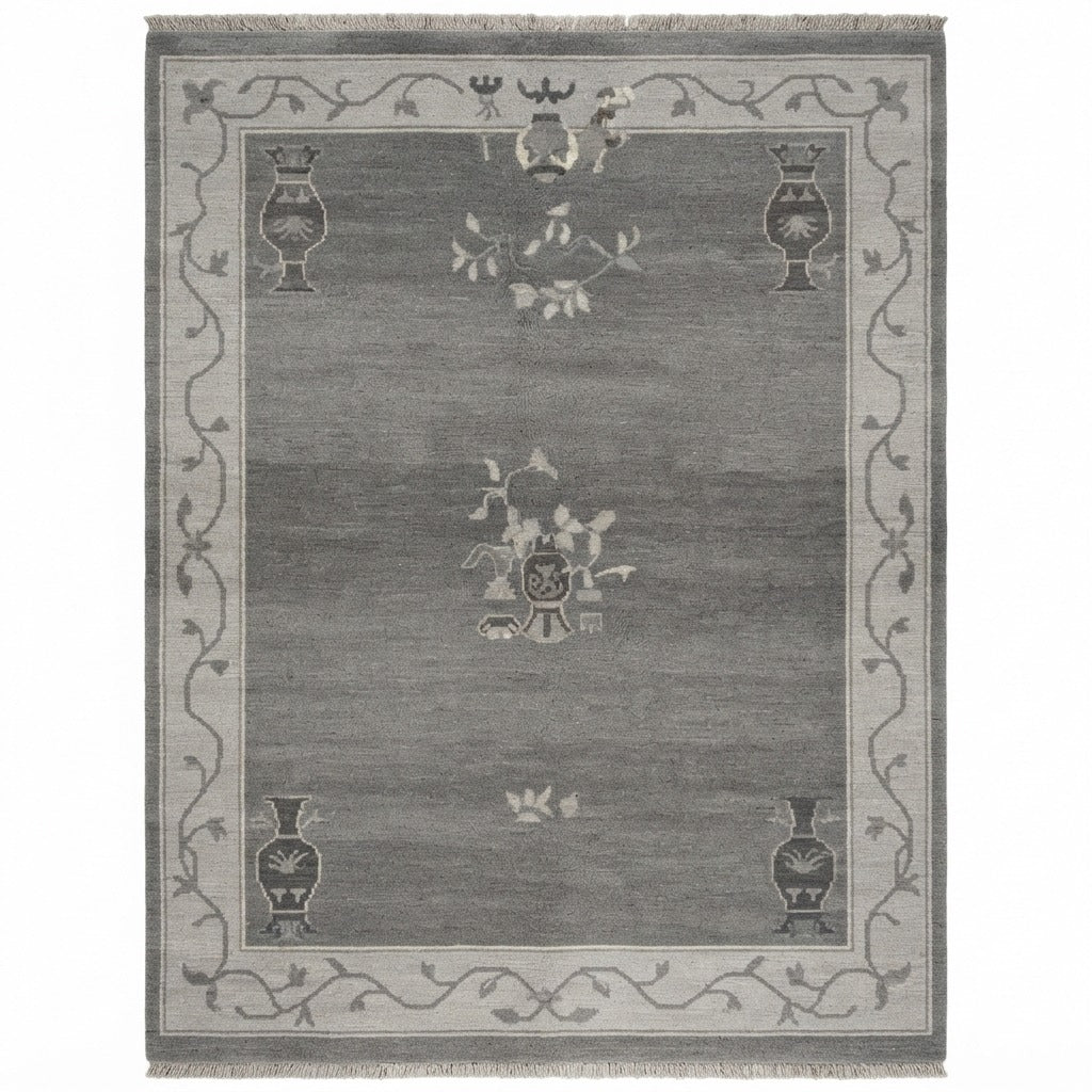 Charcoal Chinese Art Deco Hand-Knotted Rug with Grey Vine Border - studio photo