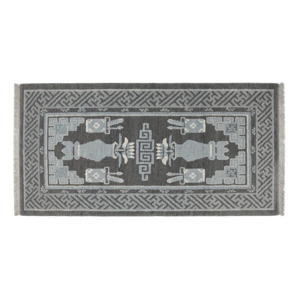 Charcoal Chinese Vase Hand-Knotted Runner with Greek Key Border - alternate view