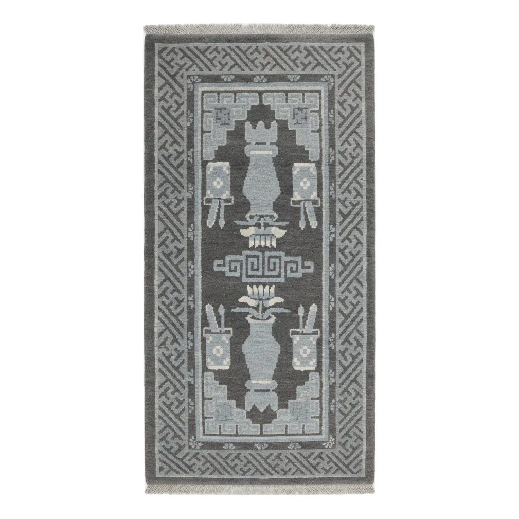 Charcoal Chinese Vase Hand-Knotted Runner with Greek Key Border