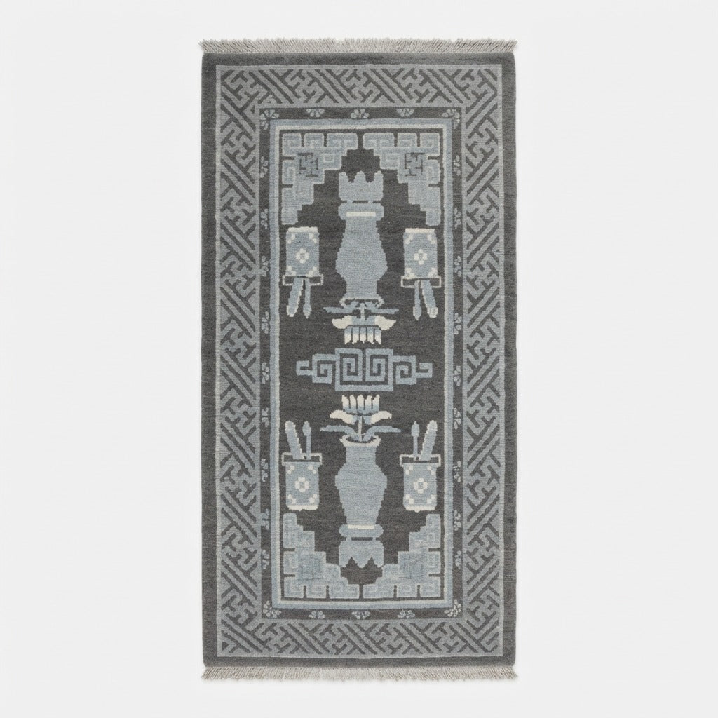 Charcoal Chinese Vase Hand-Knotted Runner with Greek Key Border - studio photo