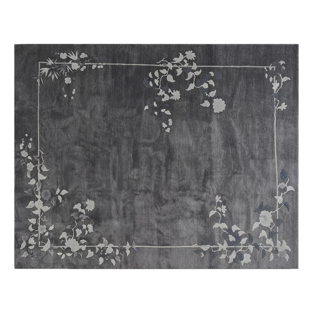 Charcoal Grey Chinese Art Deco Hand-Knotted Rug with Floral Vines - alternate view
