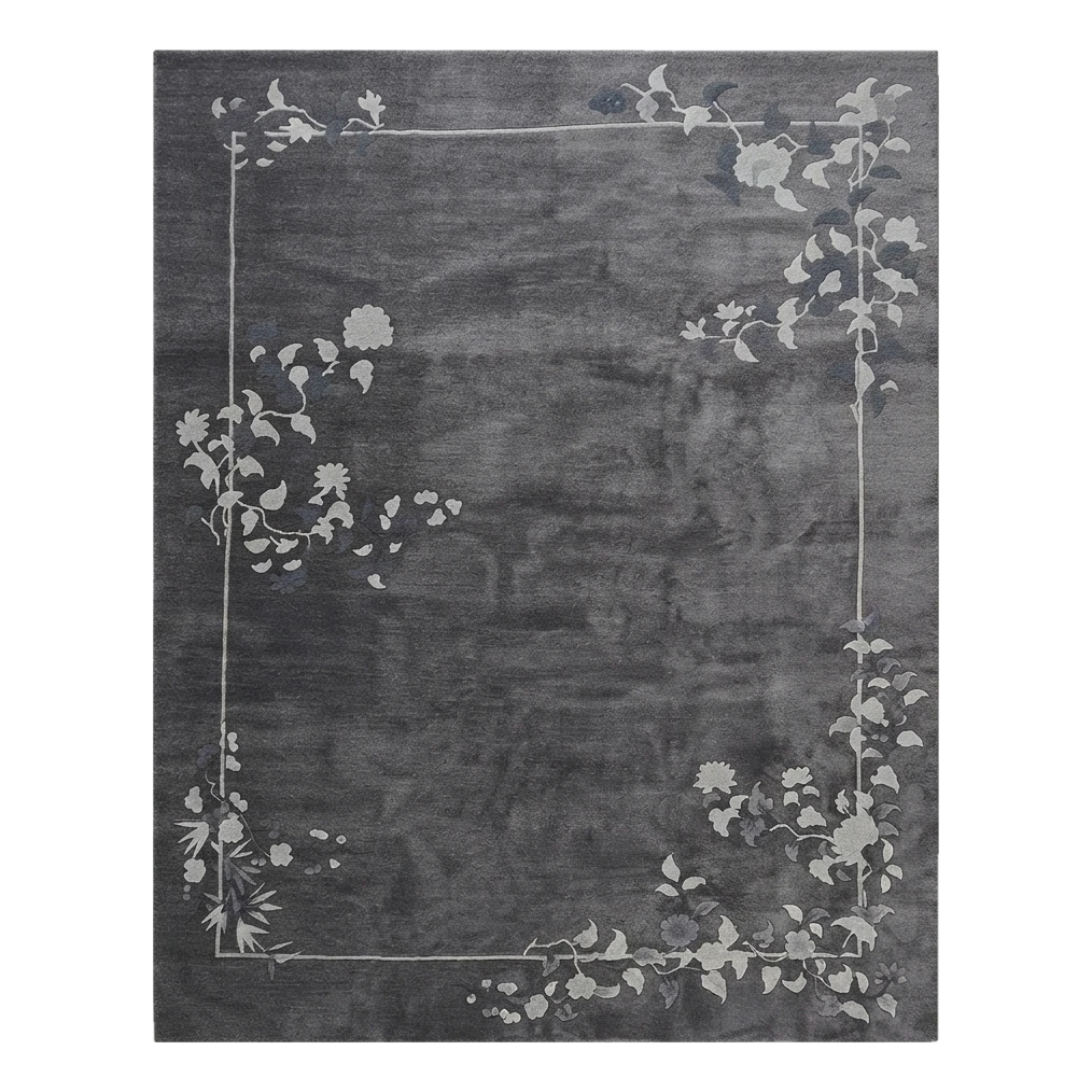 Charcoal Grey Chinese Art Deco Hand-Knotted Rug with Floral Vines