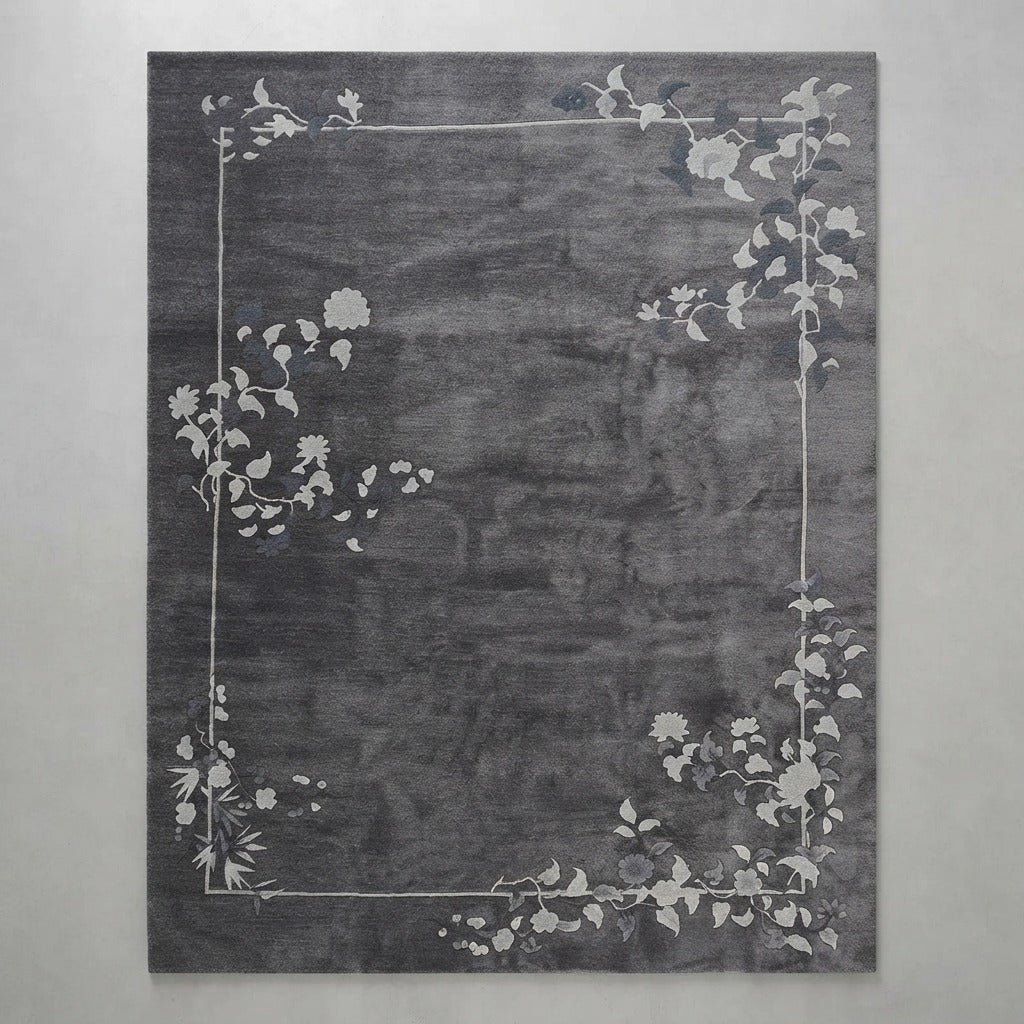 Charcoal Grey Chinese Art Deco Hand-Knotted Rug with Floral Vines - studio photo