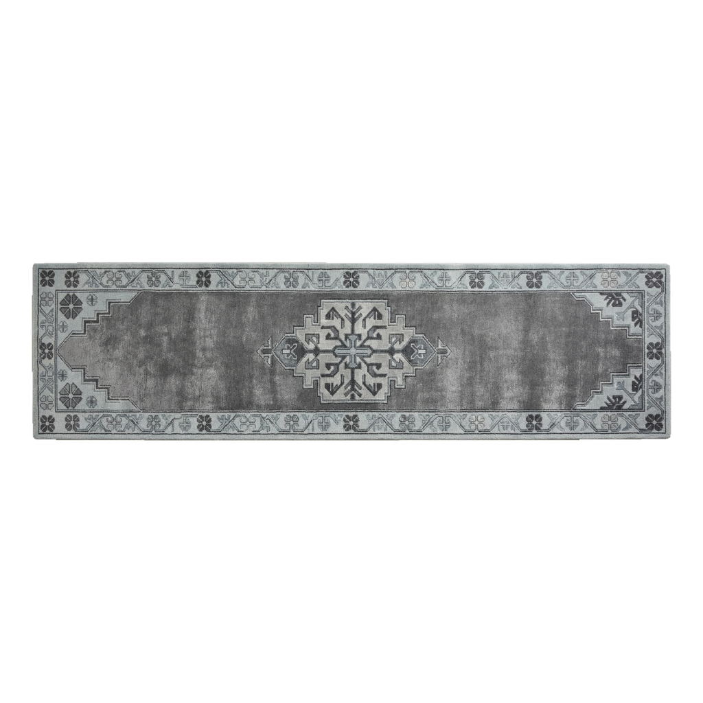Charcoal Grey Distressed Medallion Hand-Tufted Runner with Powder Blue Border - alternate view