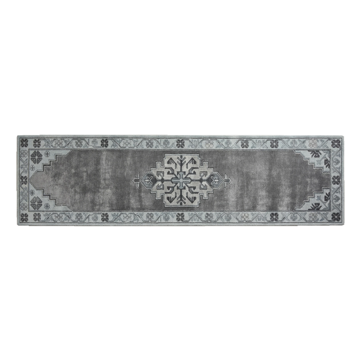 Charcoal Grey Distressed Medallion Hand-Tufted Runner with Powder Blue Border - alternate view