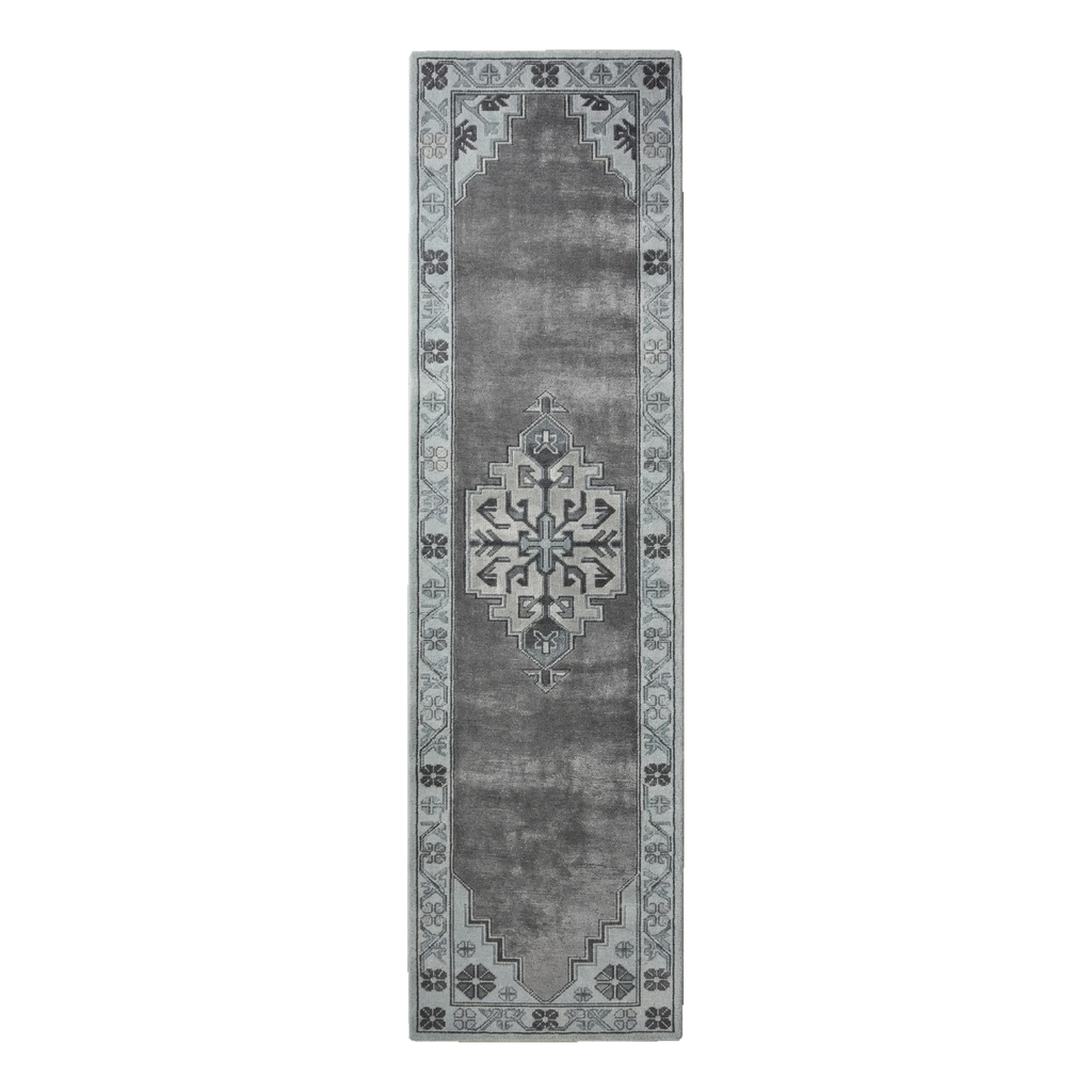 Charcoal Grey Distressed Medallion Hand-Tufted Runner with Powder Blue Border