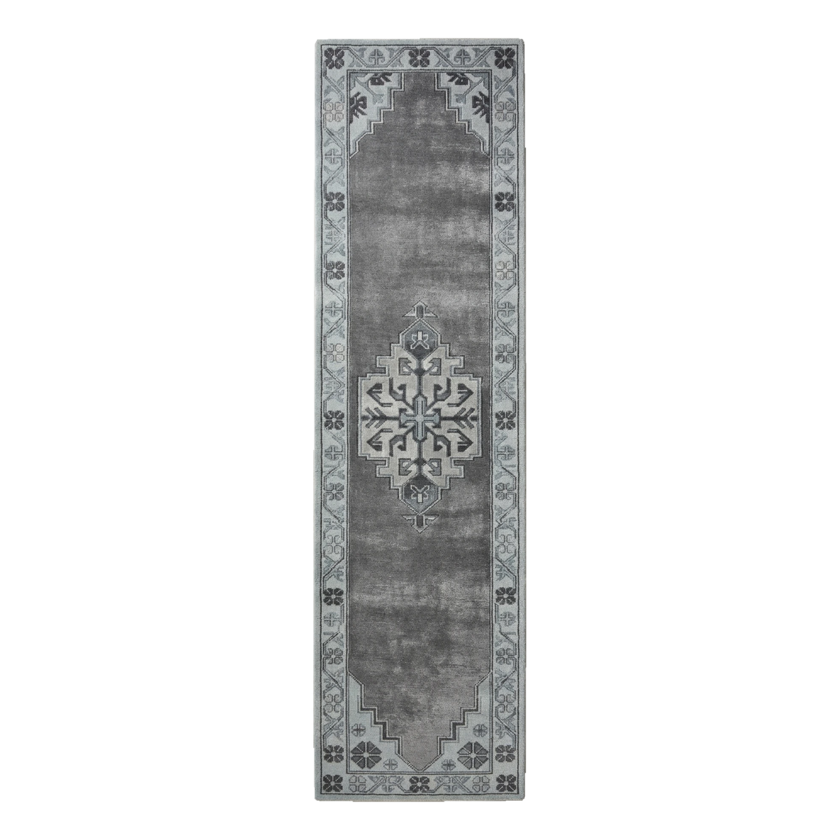 Charcoal Grey Distressed Medallion Hand-Tufted Runner with Powder Blue Border