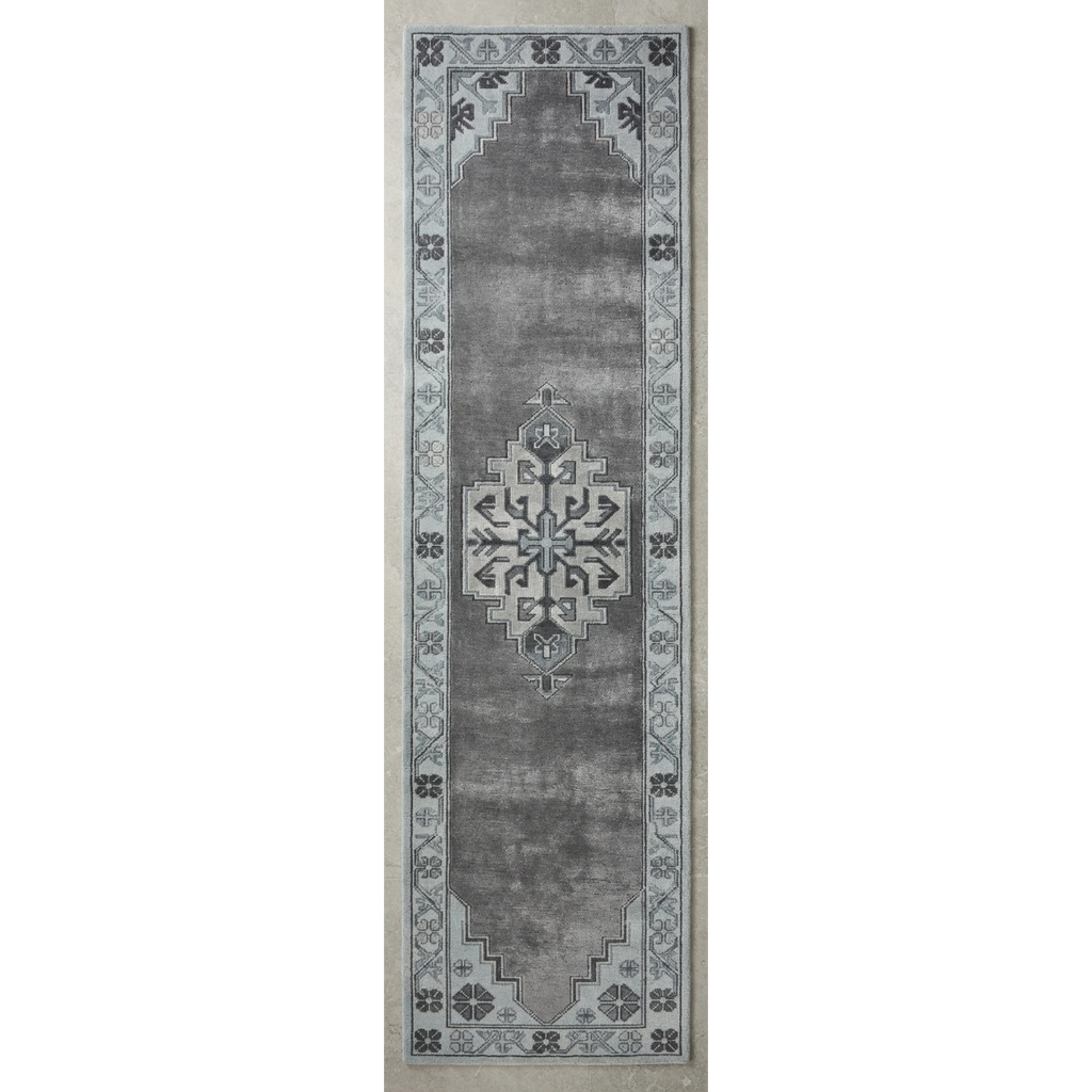 Charcoal Grey Distressed Medallion Hand-Tufted Runner with Powder Blue Border - studio photo