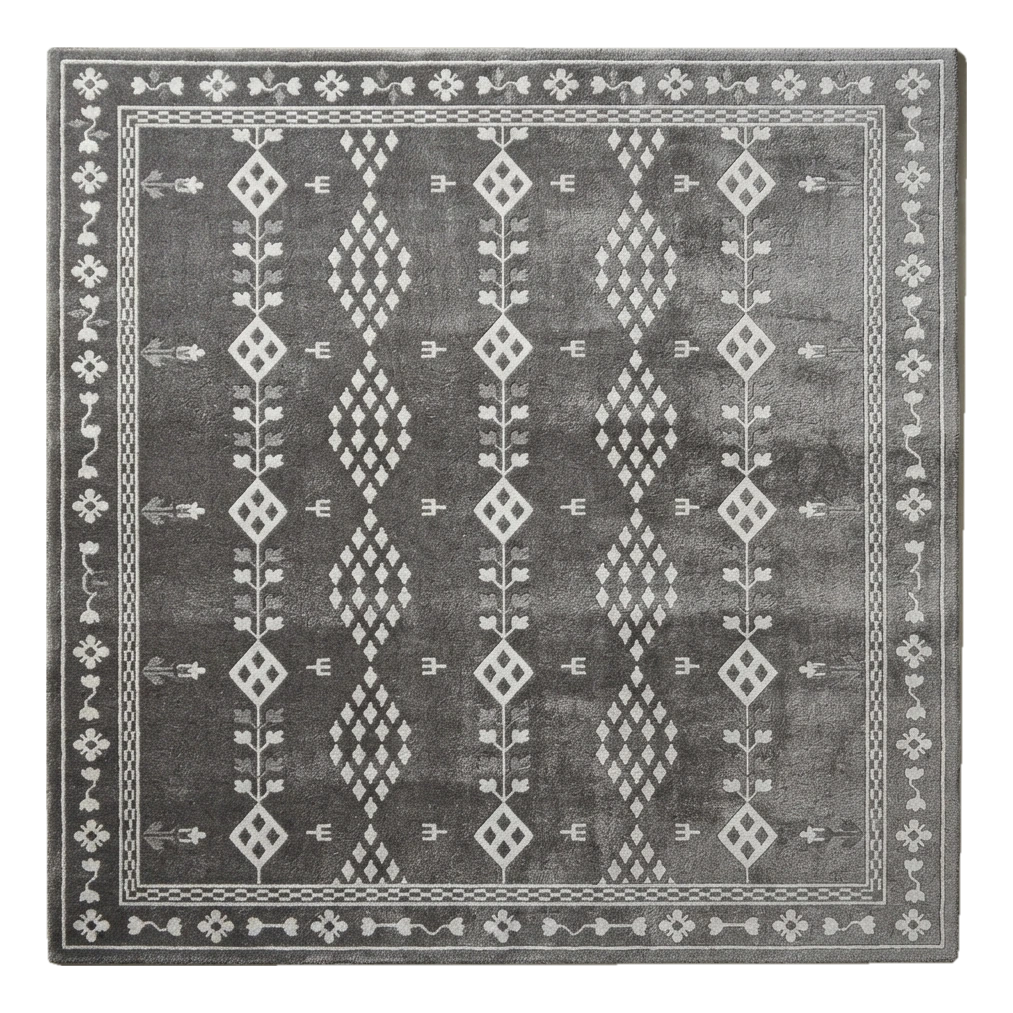 Charcoal Tribal Diamond Hand-Tufted Rug with Silver Vine Border