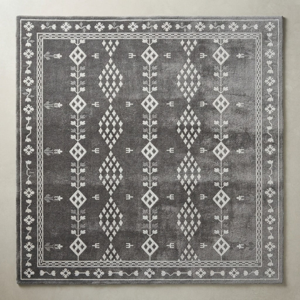 Charcoal Tribal Diamond Hand-Tufted Rug with Silver Vine Border - studio photo