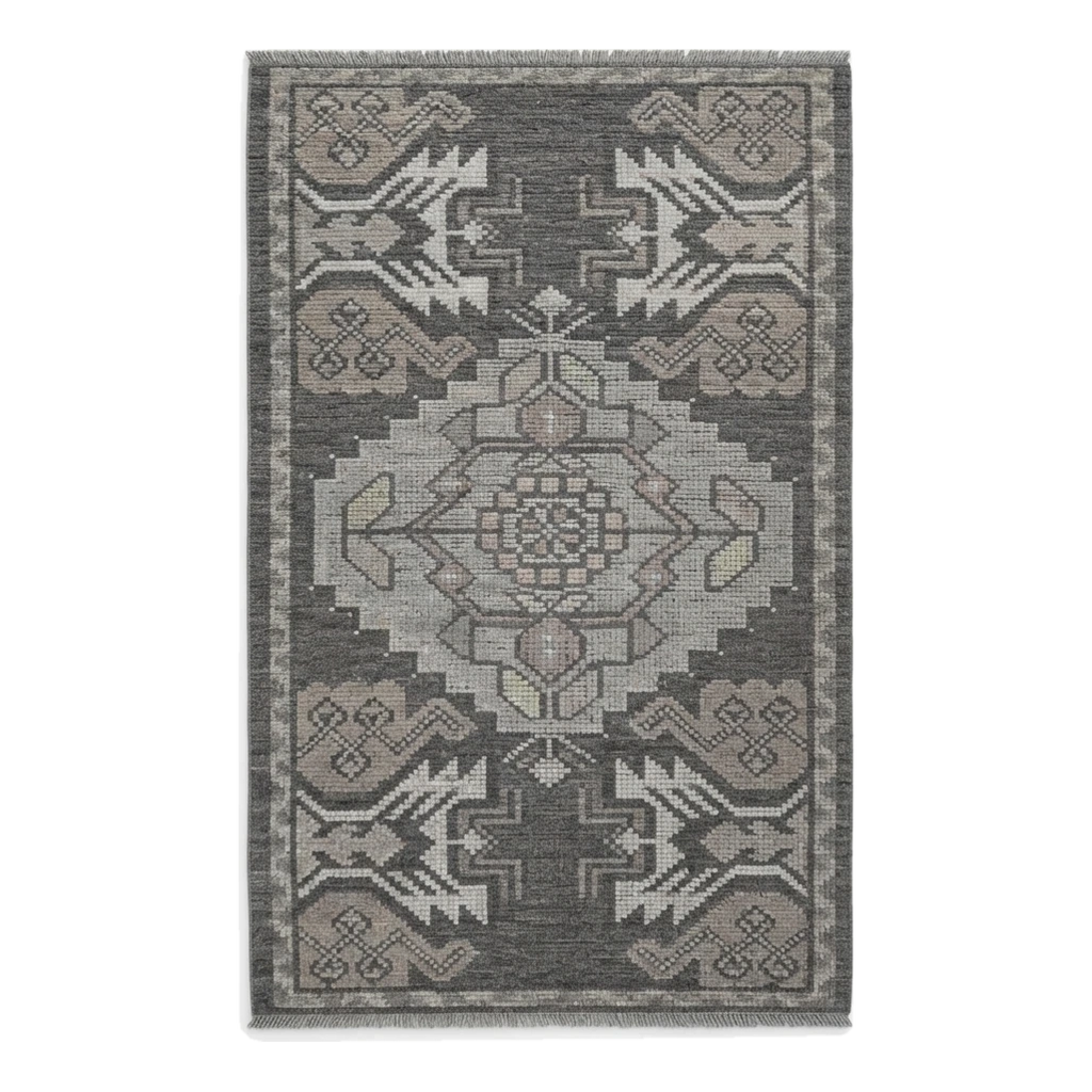 Charcoal and Grey Tribal Medallion Hand-Knotted Rug - alternate view