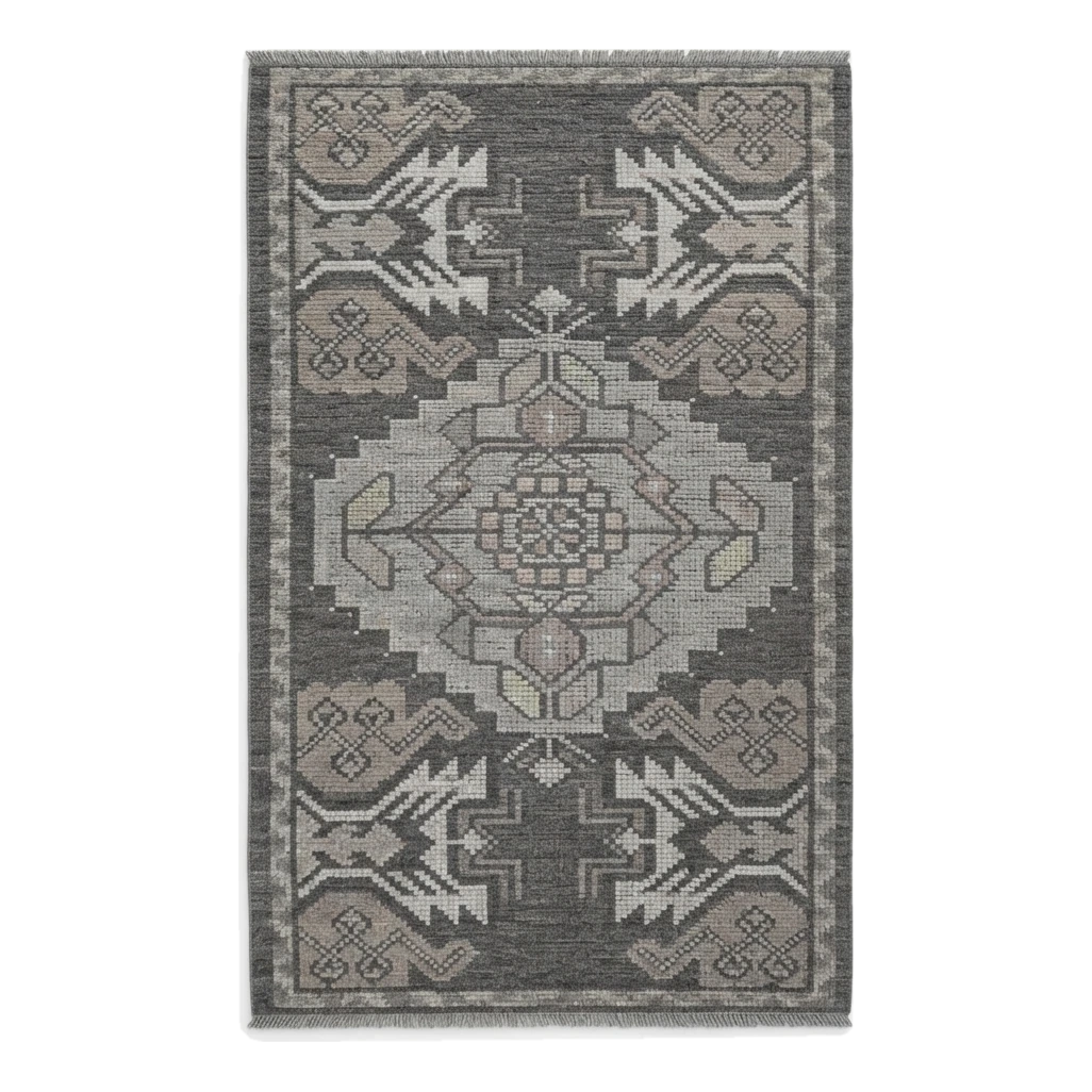 Charcoal and Grey Tribal Medallion Hand-Knotted Rug - alternate view