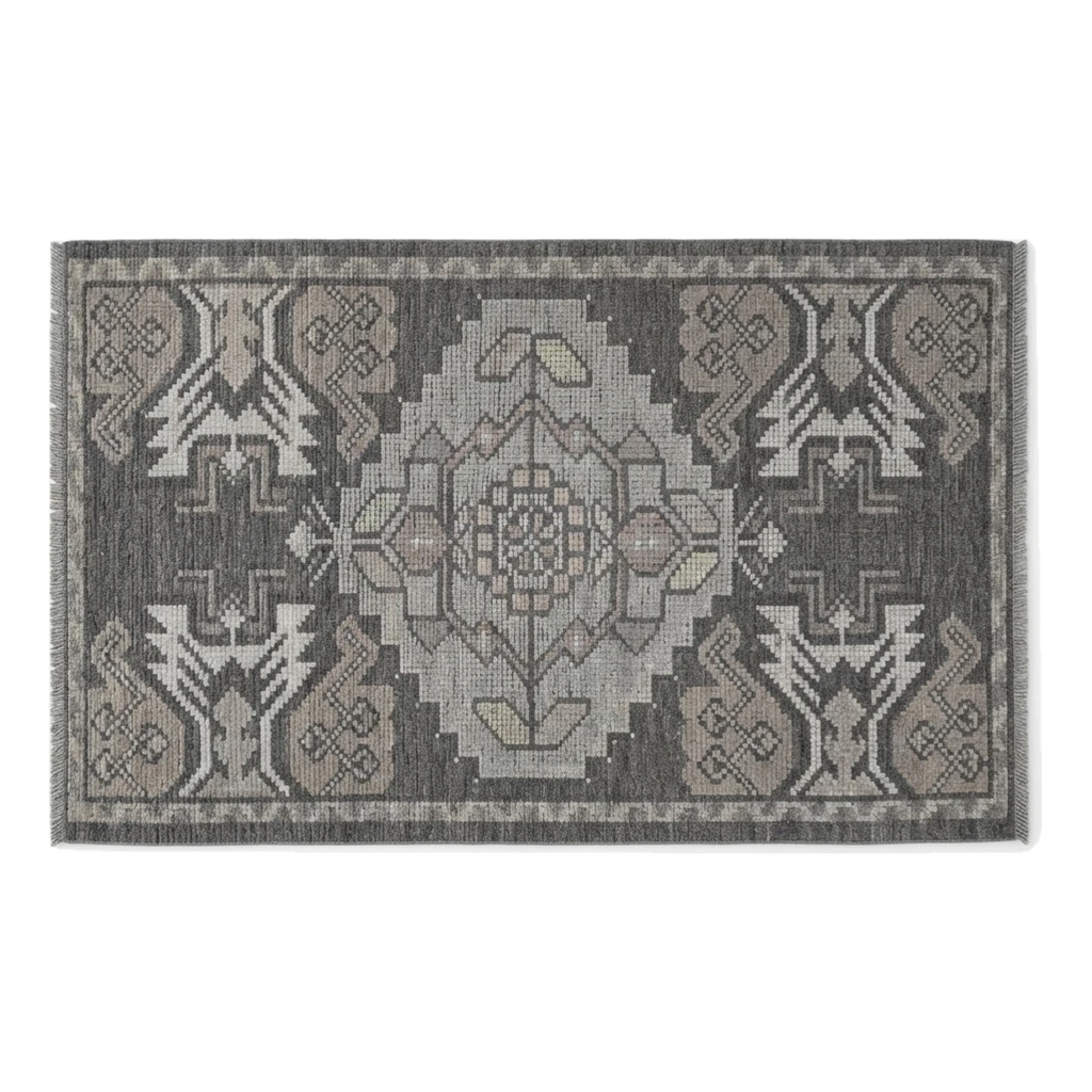 Charcoal and Grey Tribal Medallion Hand-Knotted Rug