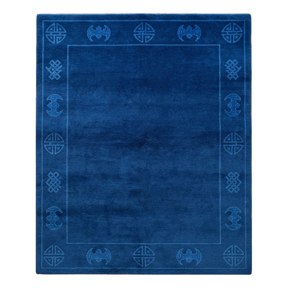 Cobalt Blue Chinese Art Deco Hand-Knotted Rug with Tonal Symbol Border