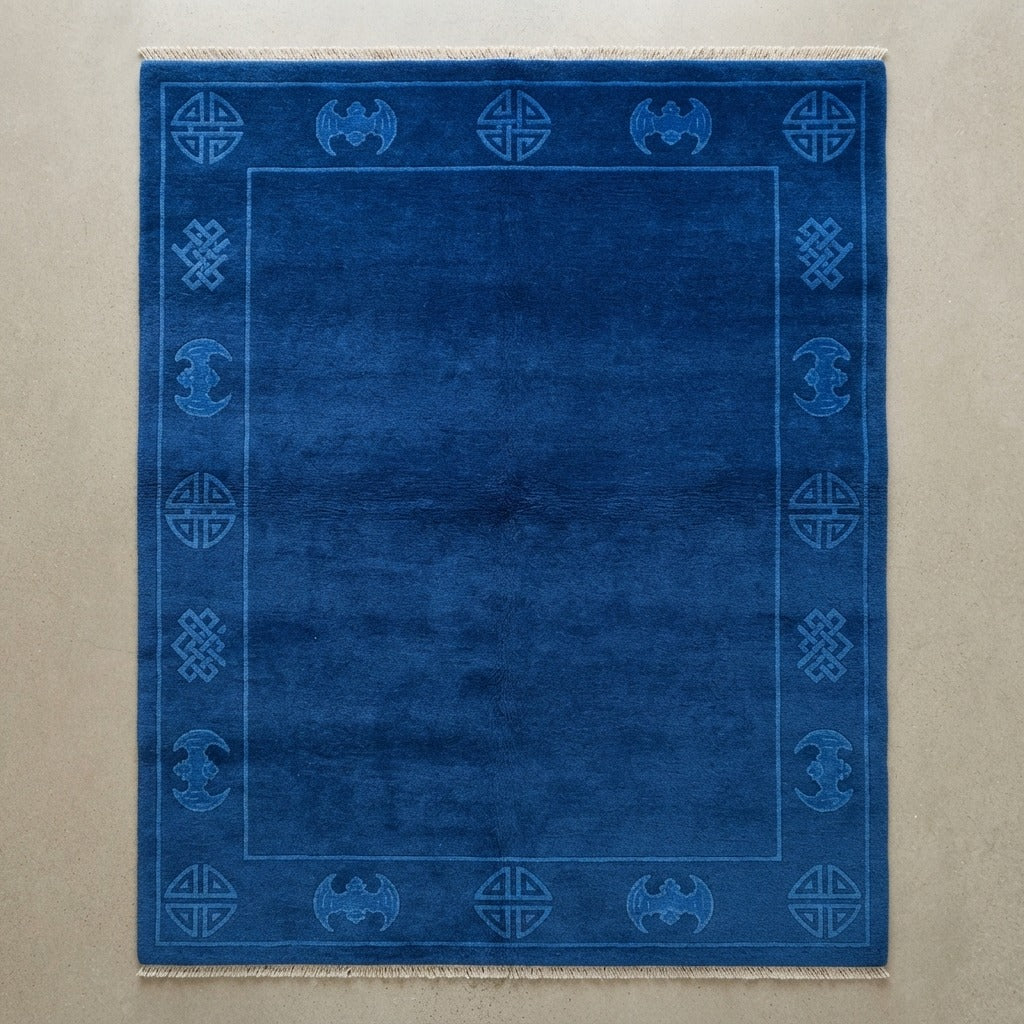 Cobalt Blue Chinese Art Deco Hand-Knotted Rug with Tonal Symbol Border - studio photo