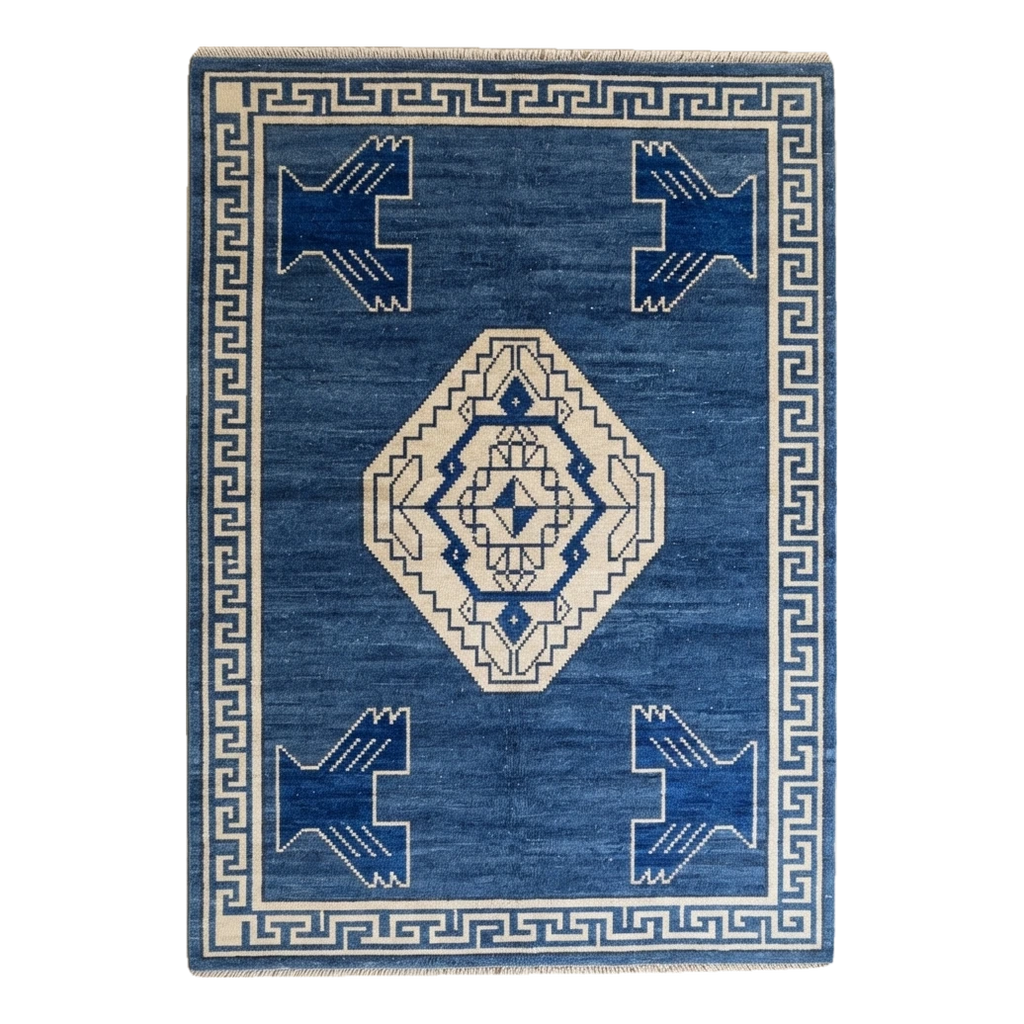 Cobalt Blue Medallion Hand-Knotted Rug with Ivory Greek Key Border - alternate view