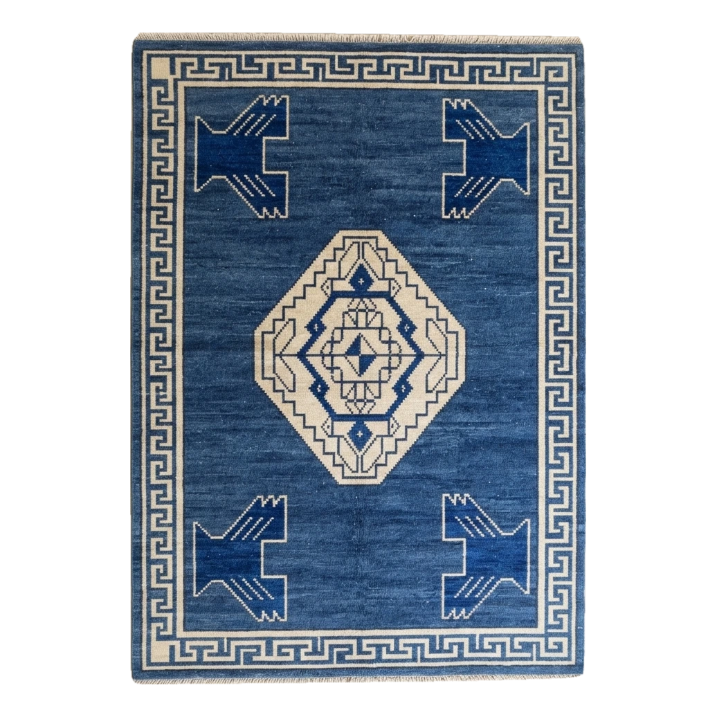 Cobalt Blue Medallion Hand-Knotted Rug with Ivory Greek Key Border - alternate view