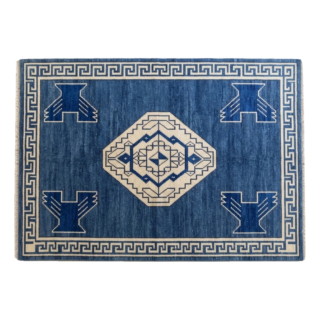 Cobalt Blue Medallion Hand-Knotted Rug with Ivory Greek Key Border