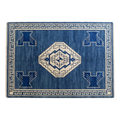 Cobalt Blue Medallion Hand-Knotted Rug with Ivory Greek Key Border