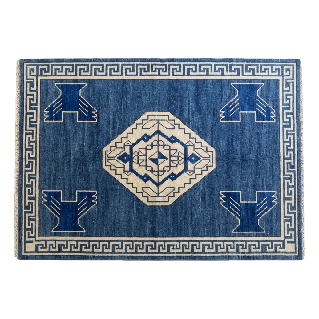 Cobalt Blue Medallion Hand-Knotted Rug with Ivory Greek Key Border