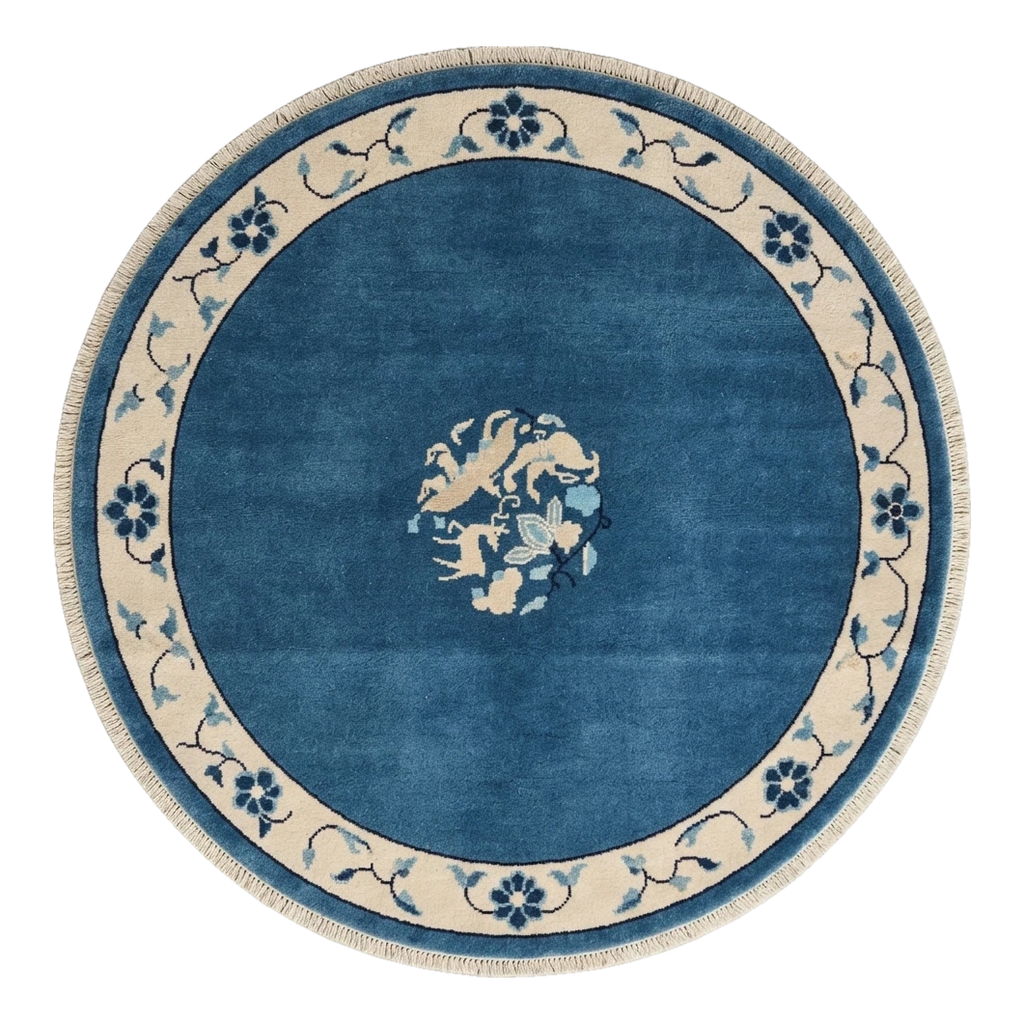 Cobalt Blue Round Hand-Knotted Rug with Ivory Floral Vine Border - alternate view