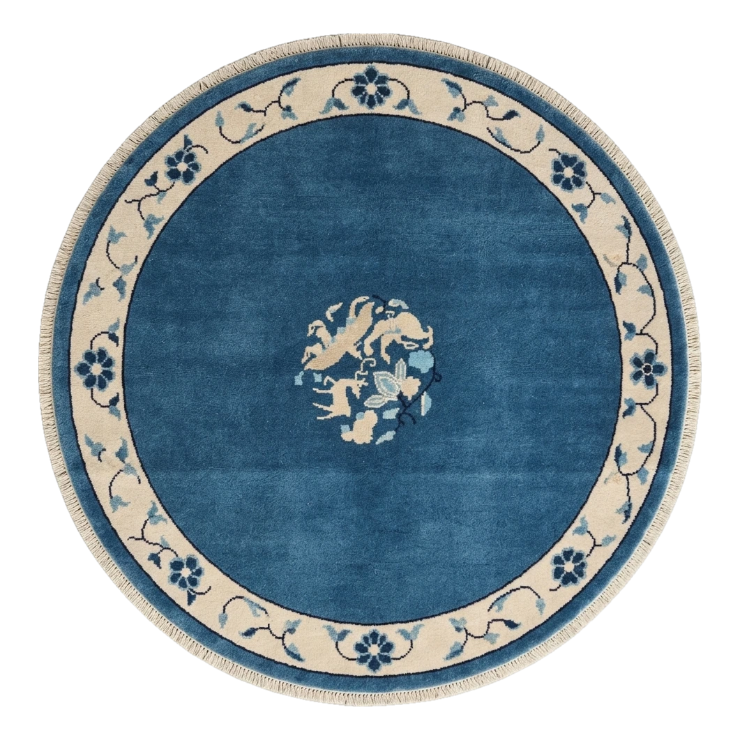 Cobalt Blue Round Hand-Knotted Rug with Ivory Floral Vine Border - alternate view