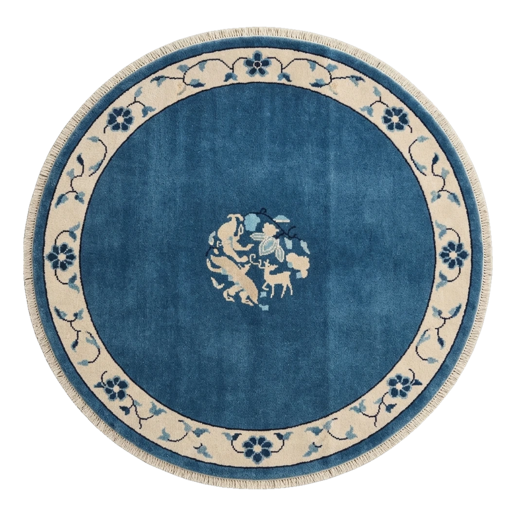 Cobalt Blue Round Hand-Knotted Rug with Ivory Floral Vine Border