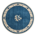 Cobalt Blue Round Hand-Knotted Rug with Ivory Floral Vine Border