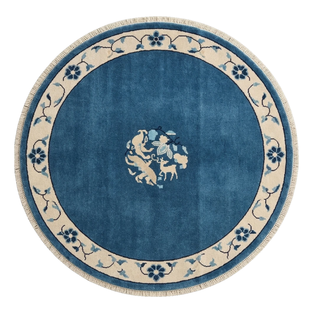 Cobalt Blue Round Hand-Knotted Rug with Ivory Floral Vine Border