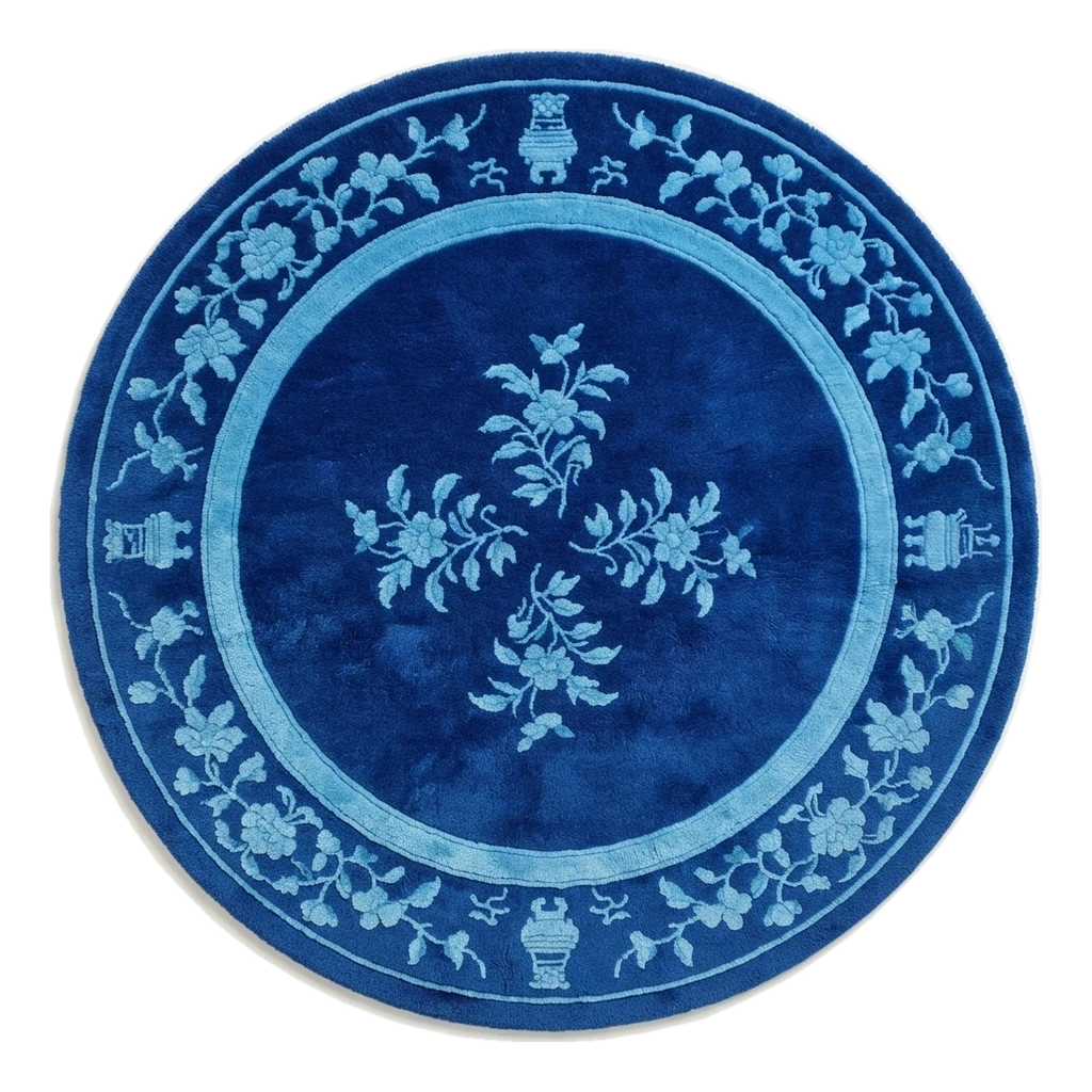 Cobalt Blue Round Hand-Tufted Rug with Sky Blue Floral Vine Border - alternate view