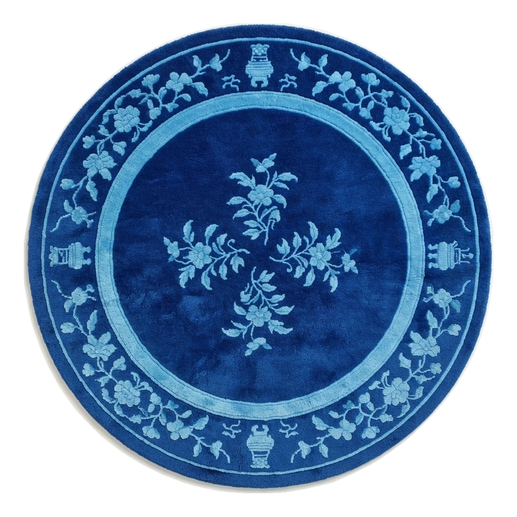 Cobalt Blue Round Hand-Tufted Rug with Sky Blue Floral Vine Border - alternate view